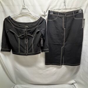 Dina Bar-El Skirt Suit Women’s Black W White Stitching & Snaps Size Small USA